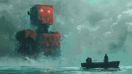 Fototapeta premium A person in a vessel observing a crimson android emerging from the ocean, in an artistic digital format created by artificial intelligence.