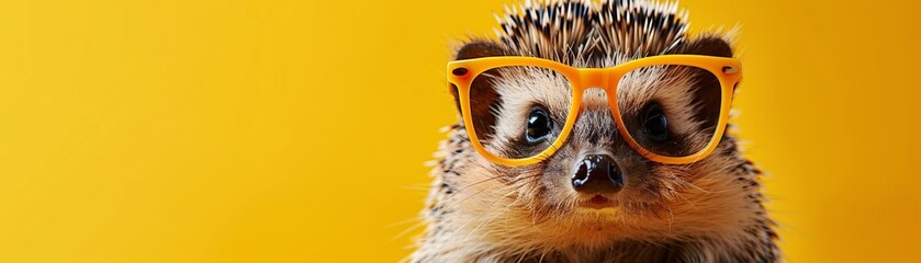 A cute hedgehog wearing spectacles poses against a vibrant yellow backdrop in a wide panoramic design created by artificial intelligence.