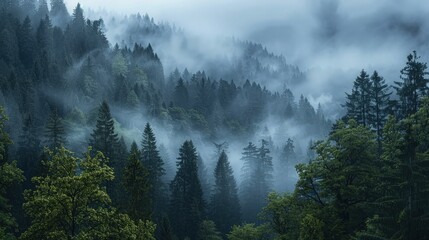 A dense forest scene in the Black Forest, with a thick layer of rising fog weaving through the trees, adding a sense of mystery and awe.