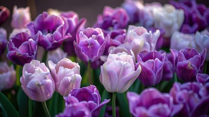 Obraz premium A dense cluster of purple and white tulips, their petals intermingling to form a rich and luxurious floral backdrop.