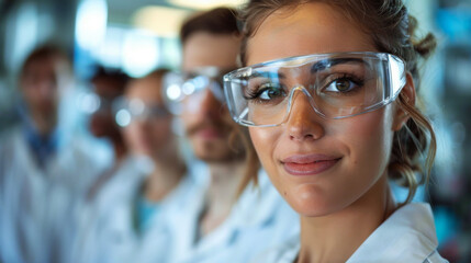 Confident Female Scientist Team Laboratory Protective Eyewear Leadership Science
