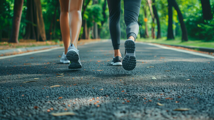 Fototapeta premium Forward Together on the Path. A close-up of a young couple's feet in motion, showcasing the rhythm of their walk or run on a leaf-strewn park path, signaling health and partnership.