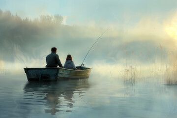 Serene Dawn Fishing. A father and daughter sit patiently in a boat, fishing in the tranquil waters of a misty lake as the first light of dawn pierces through the fog. - obrazy, fototapety, plakaty