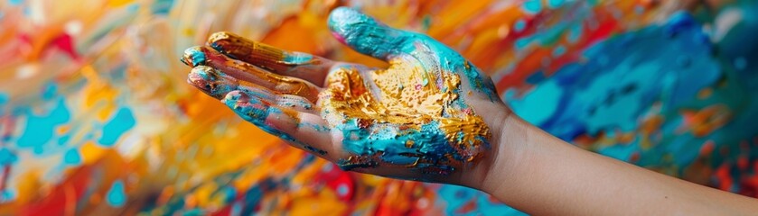 Obraz premium A child is playfully creating art with bright paint, their hand a kaleidoscope of colors. This image captures the essence of a joyful and imaginative youth in contrast with a contemporary setting.