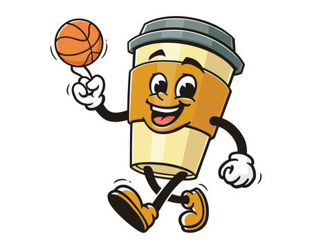 recommend clip art: Coffee cup playing basketball cartoon mascot illustration character vector clip art hand drawn