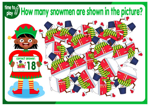 Count how many snowmen are hidden in the picture. How many objects are there in the picture? Educational game for children. Colorful cartoon characters. Funny vector illustration.