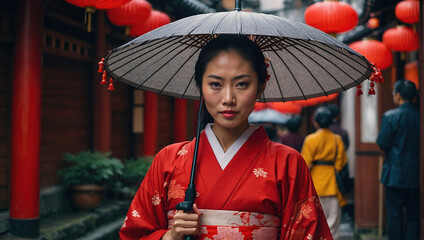 Portrait of a beautiful attractive Asian woman in traditional Japanese clothing, kimono, with an umbrella - obrazy, fototapety, plakaty