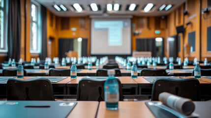 Modern Conference Room Seminar Tables Chairs Presentation Screen Water Bottles