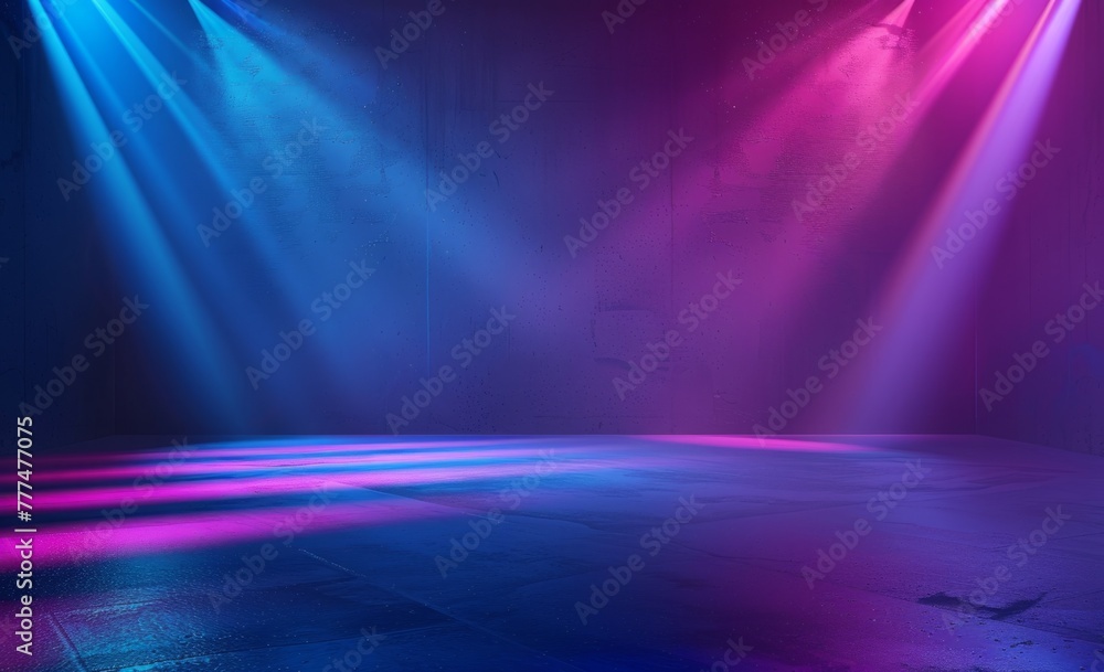 Aufkleber dark blue background with neon light, blue and purple rays of color light on the wall, modern minima