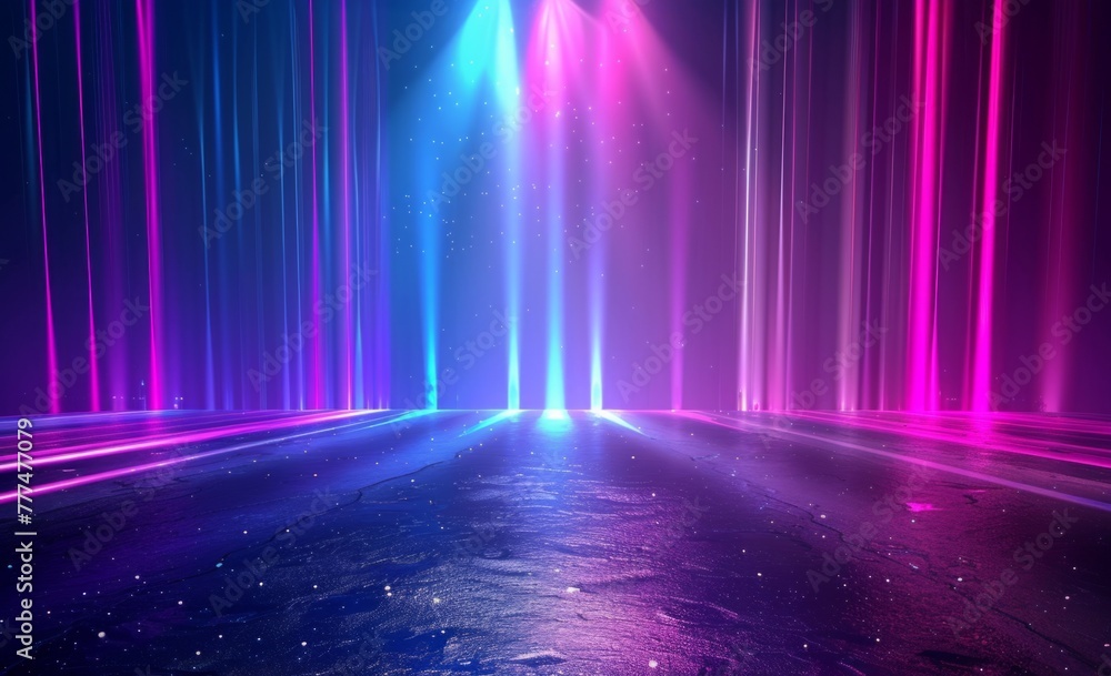 Poster abstract background with blue and purple neon lights dark room with light rays on the floor abstract