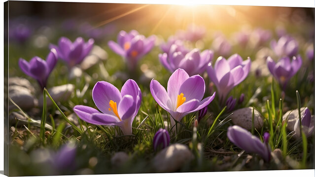 Clusters of purple crocuses open towards a soft morning sunlight amidst pebbles and grass, portraying rebirth and early spring