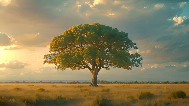 A solitary tree in a vast savannah under a dramatic sky, symbolizing solitude in nature
