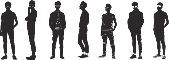 A series of black silhouettes depicting young men in fashionable attire, each adopting a different modern pose.
