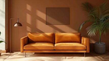 a virtual image of a stylish living room using AI, with a brown background, mockup frame, and an isolated sofa attractive look