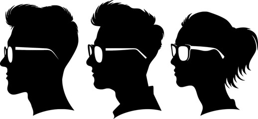 Three side-profile silhouettes of young adults wearing glasses, showcasing modern hairstyles, isolated on white.
