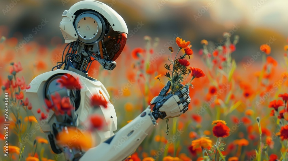 Poster artificial intelligence experiments with gathering wildflowers in a meadow, its humanoid form holdin