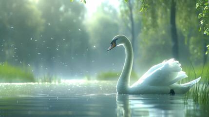A regal swan gracefully stretching its neck amidst a tranquil pond, with soft focus showcasing the verdant surroundings and ample copy space for contemplation