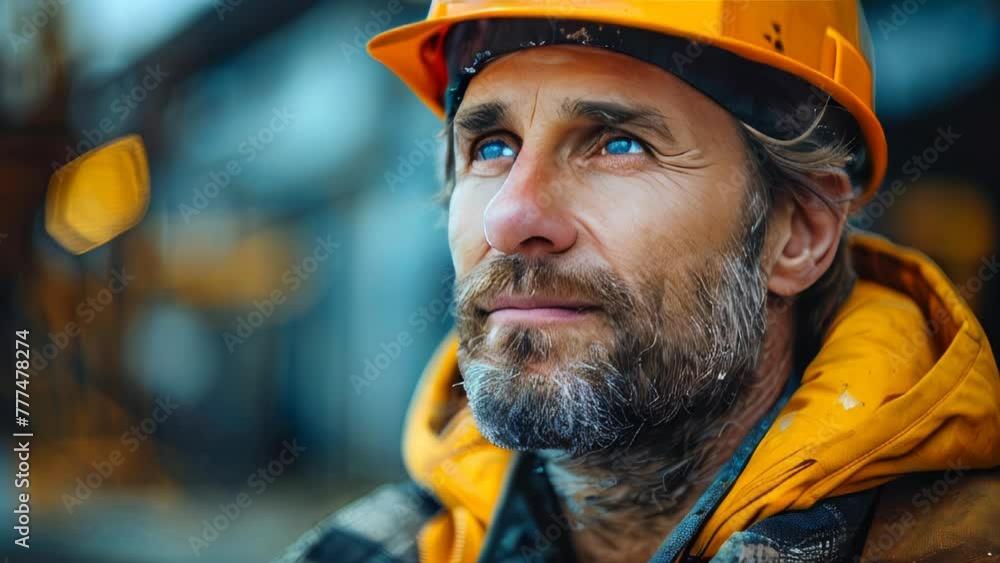 Poster a man working engineer scientist with a beard in a helmet