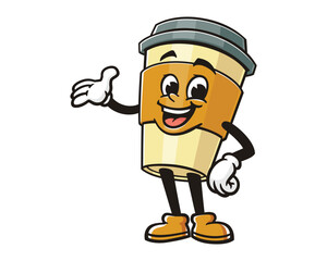 Coffee cup with welcoming hands cartoon mascot illustration character vector clip art hand drawn