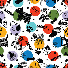 Cute doggie. Funny children's seamless pattern. Can be used in textile industry, paper, background, scrapbooking.Vector. - 777478294