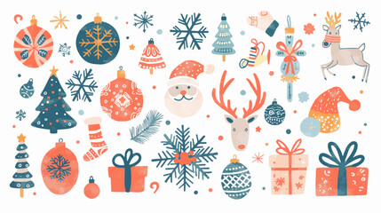 Hand draw abstract Christmas icon. Santa claus. Gifts. Snow.