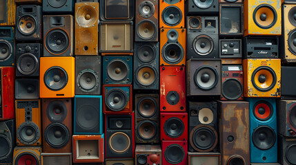  large stack of vintage music audio speakers, Music sound speakers hanging on the wall in retro vintage style, stacked sound boxes modern, generative ai