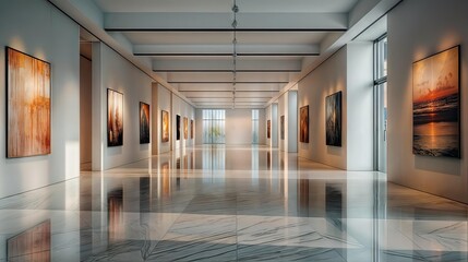 Horizontal AI illustration art gallery corridor with reflective floor. Architecture and buildings.