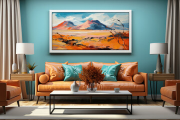 Elegant living room interior with vibrant artwork, teal walls, and sophisticated orange leather seating. Ideal for modern home decor and design inspiration.