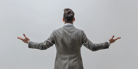 Businessman in Suit Shrugging with Uncertainty on White Background - obrazy, fototapety, plakaty