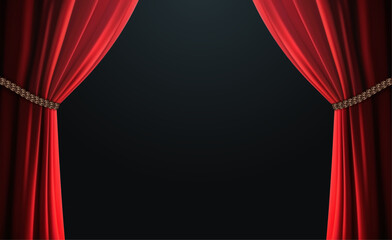 Vector Premium red curtains in theater or opera. Dark red curtain scene gracefully for text. Elegance vector backdrop for poster. Classic podium