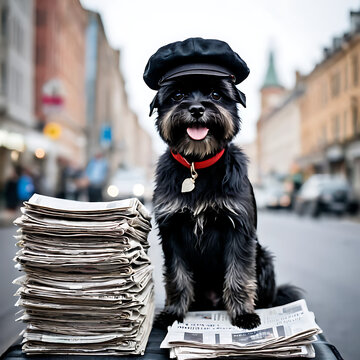Affenpinscher dog wearing a newsboy cap, sitting on a stack of newspapers with a bustling city scene behind
