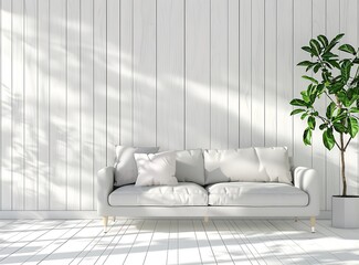 Scandinavian interior design of a modern living room in white with a sofa and plant