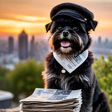 Affenpinscher dog wearing a newsboy cap, sitting on a stack of newspapers with a city skyline at sunset
