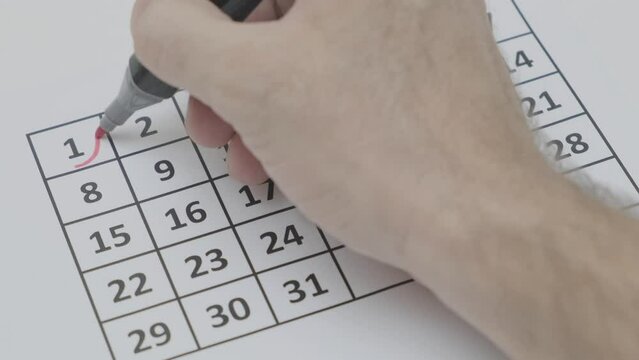 man marks numbers 1 and 31 in calendar grid, red felt-tip pen, slow motion, selective focus

