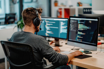 Web Developer in Headphones Working in the Modern Design Office