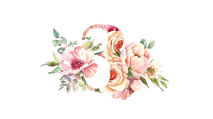 The digit 3 is painted in watercolor surrounded by flowers. «Three» is depicted in the style of handwritten capital letters, suitable for illustrations and greeting cards. - obrazy, fototapety, plakaty