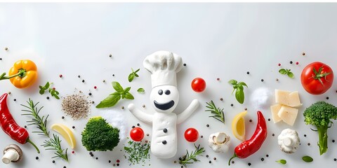 Obraz premium Culinary Character Transforming Ingredients on Clean White Background with Copy Space for Recipes and Culinary Blueprints