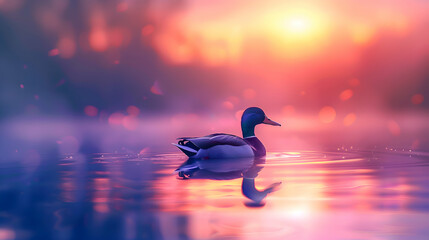 A serene duck gracefully gliding across a glassy pond at sunset, its tranquil reflection mirroring the vivid hues of the sky, enveloped in a dreamy, blurred ambiance