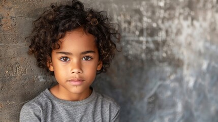 Serious child of different ethnicity standing next to a wall, staring at the camera in front of a blurred background