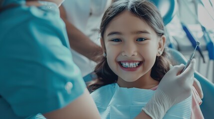 A young girl sits confidently in the examination chair, smiling as the dentist gently checks her teeth