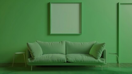 a virtual living room scene with a green background, showcasing a mockup frame and an isolated sofa through AI attractive look