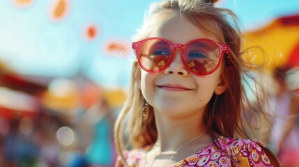 Bright and lively scene featuring a beautiful child donning stylish oversized red glasses