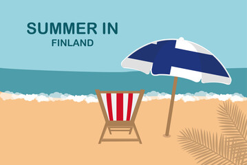 Summer in Finland, beach chair and umbrella, vacation or holiday