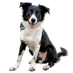 Fototapeta premium A black and white dog with a white spot on its face is staring at the camera. The dog's expression is serious and focused. Generative AI