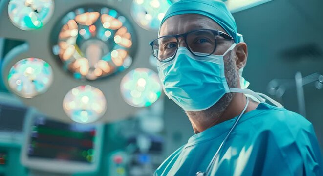 Surgeon in operating theatre, precision tools at hand, life-saving focus