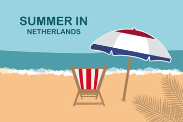 Summer in Netherlands, beach chair and umbrella, vacation or holiday