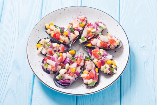Traditional  Peruvian food background with mussels