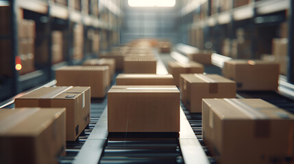 Closeup of multiple cardboard box packages, package moving transportation delivery, e-commerce, delivery, automation and products, Generative Ai - obrazy, fototapety, plakaty