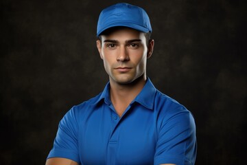 Face portrait of a worker in blue uniform
