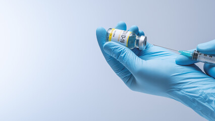 Hands in blue latex gloves fill in syringe with vaccine from glass vial.  Healthcare And Medical...